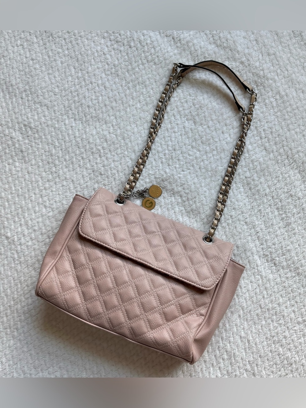 G by Guess Quilted Flap Shoulder Bag Blush Pink Leopard Lining Chain Strap Charm
